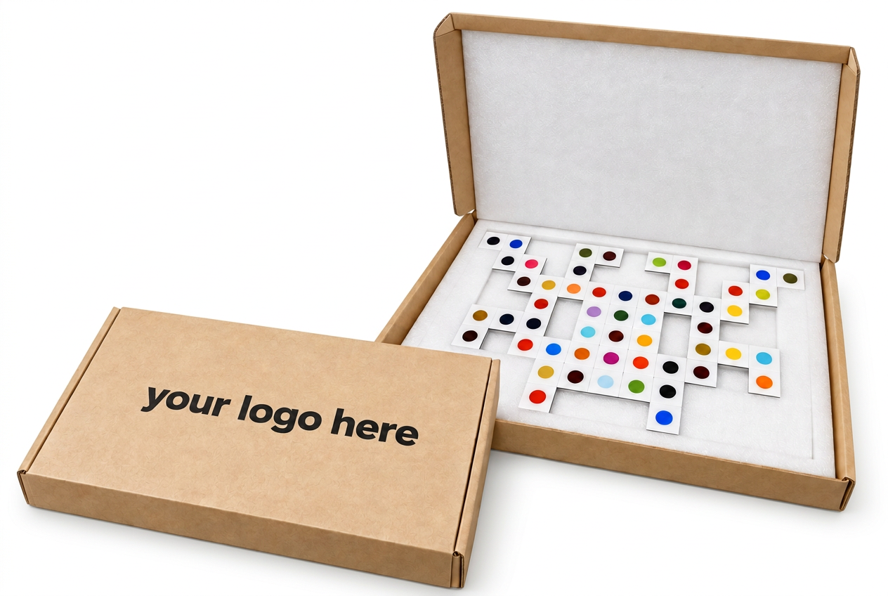 Kraft corrugated picture frame boxes: a closed branded box and an open box with white foam inserts holding a colourful pixel art piece, demonstrating protective foam packaging for framed and delicate artwork